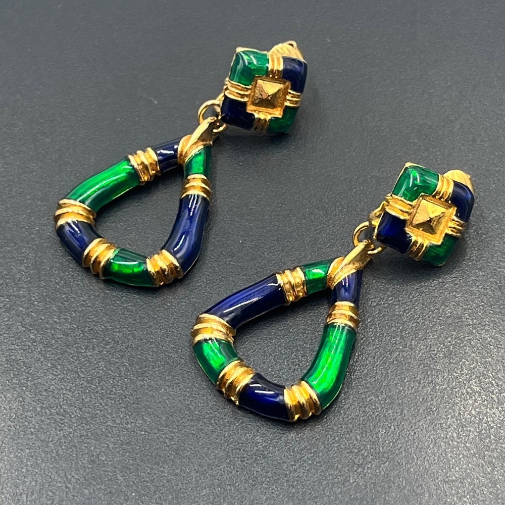David Hill Vintage Signed Blue Green Enamel Geometric Door-Knocker Clip Earrings